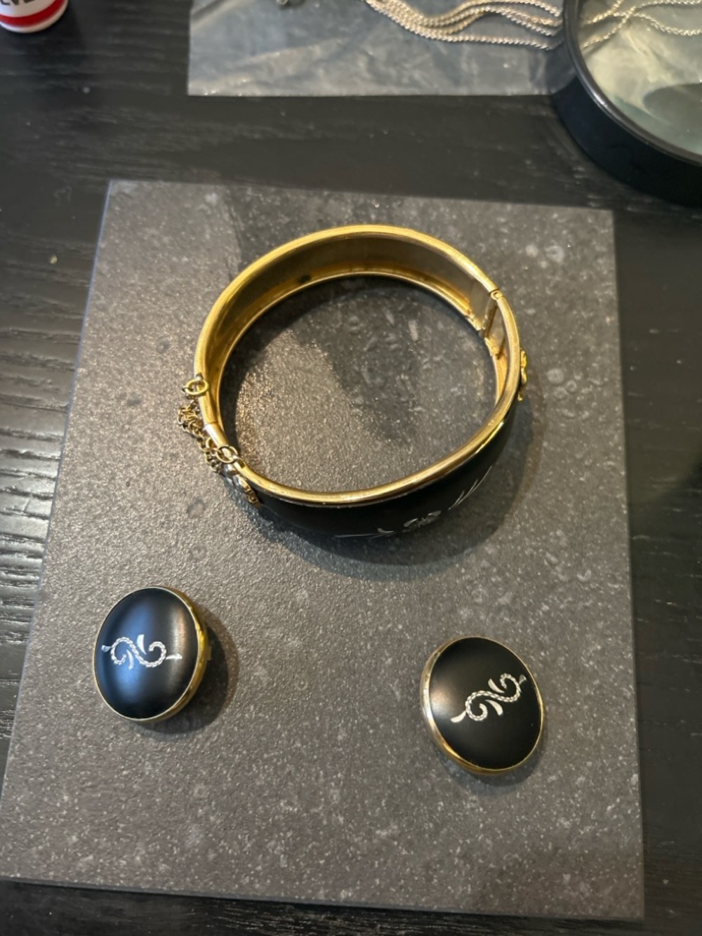 Black Enamel and Gold Bangle with Matching Clip Earrings